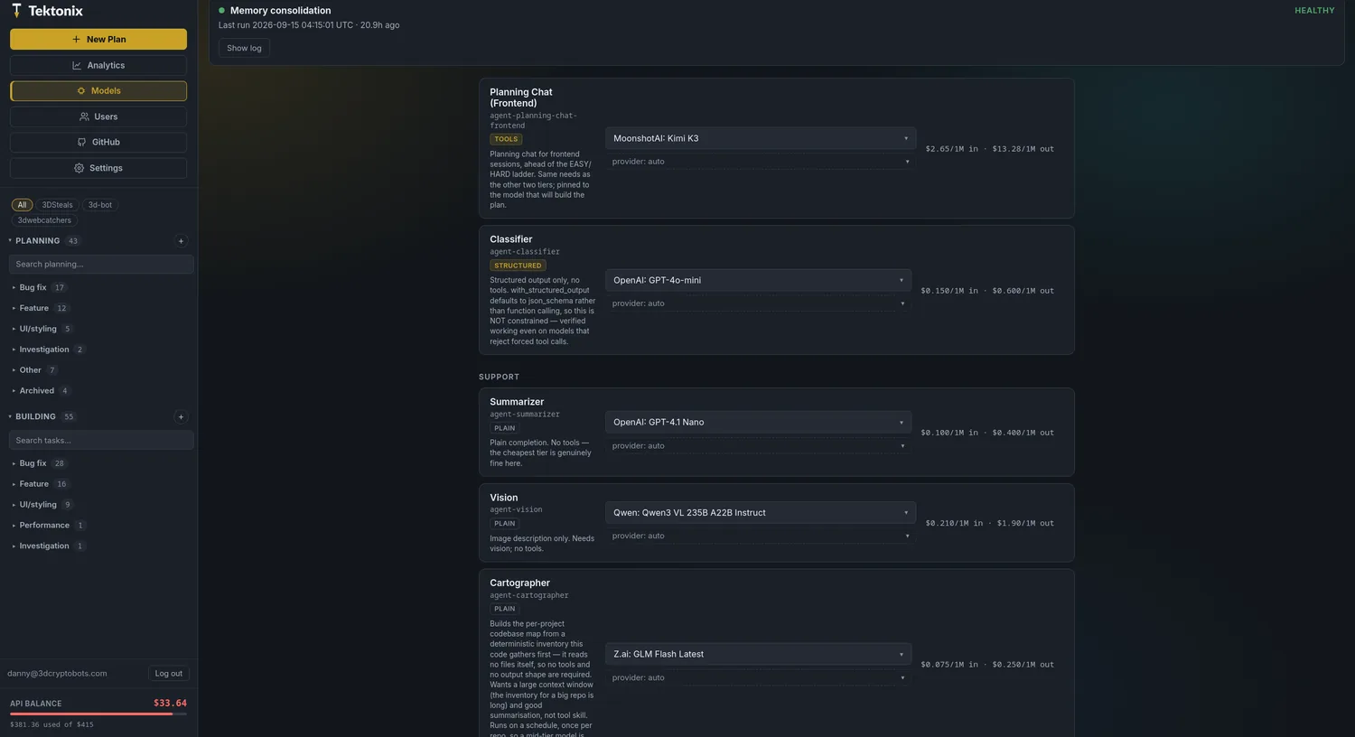 Support roles — classifier, summarizer, vision and cartographer, each with capability badges
