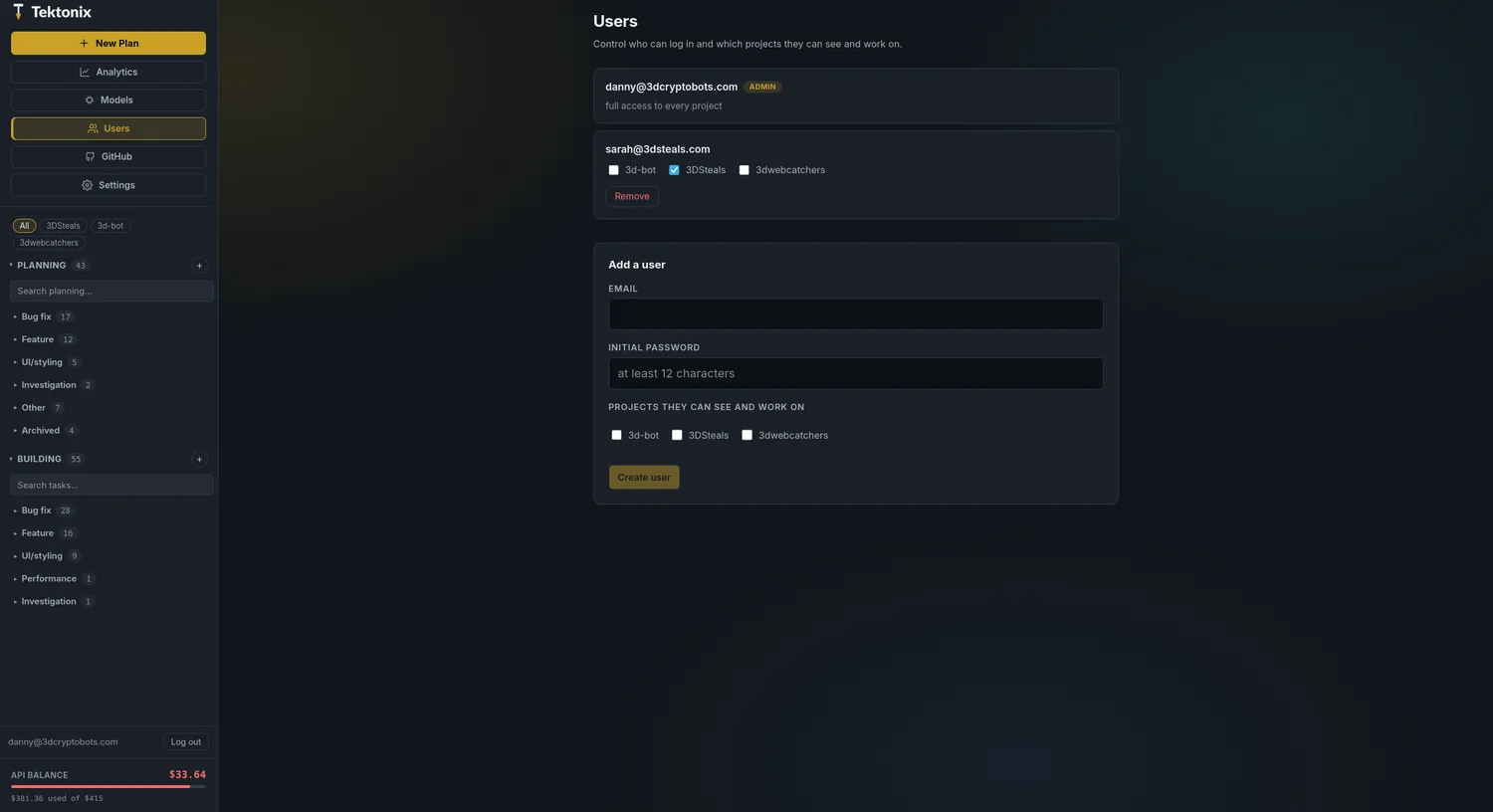 Users — per-project access control and adding a user